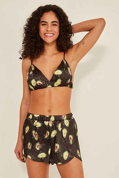 C&City 075 Women's Satin Patterned Bra Shorts Pajama Set K-09