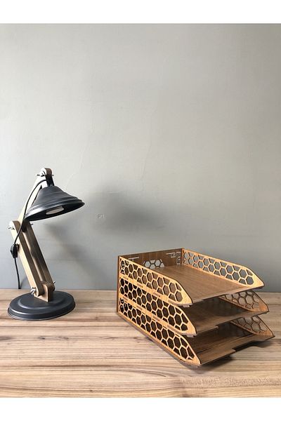 LandiWork Wooden 3 Tier Document Rack, Wooden Walnut Honeycomb File Rack, Layered Document Rack, A4 File Rack
