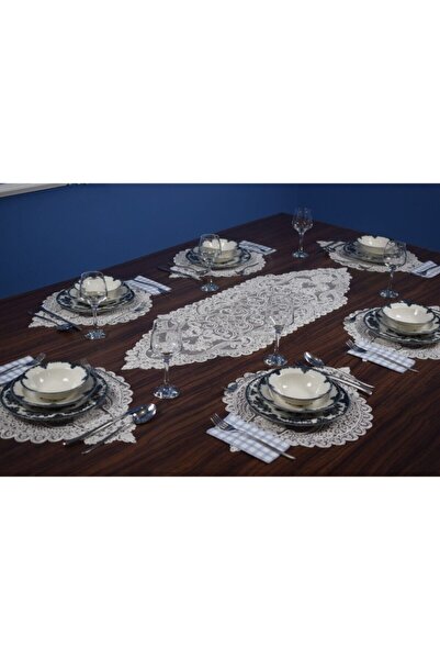 Genel Markalar Amerikan Servis Supla Ve Runner Seti 6 Kişilik Set Nakışlı Manolya Beyaz