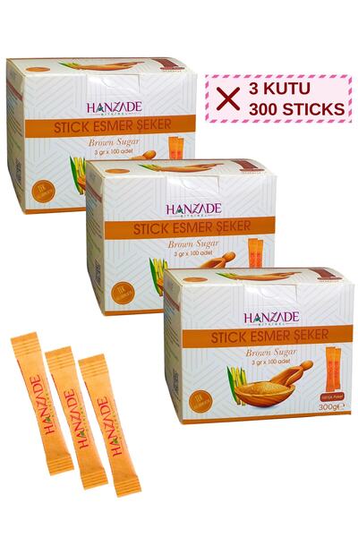 Hanzade Bitkisel Stick Kahverengi Esmer Şeker 100 Sticks 300 Gr x 3 Adet