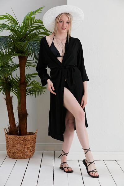 forte bella FB-0042 DÜZ SİYAH UZUN VİSKON PLAJ KİMONO