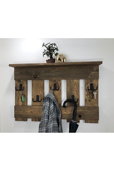 O&A WOOD Doğal Ahşap Vestiyer, Dekoratif 5 Askılı Portmanto, Raflı Vintage El...