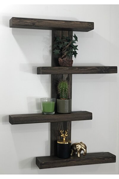 O&A WOOD Doğal Ahşap Dekoratif Minimal Duvar Rafı,4 Katlı Vintage, Retro Ahşa...