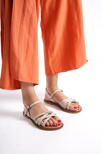 Deripabuc Hakiki Deri Bej Kadın Deri Sandalet Dp28-0830