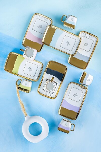 ACAR اسبن طبق تقديم ملون ذهبي مذهب 90 مل طقم فناجين قهوة بورسلين لـ 6 أشخاص 0224