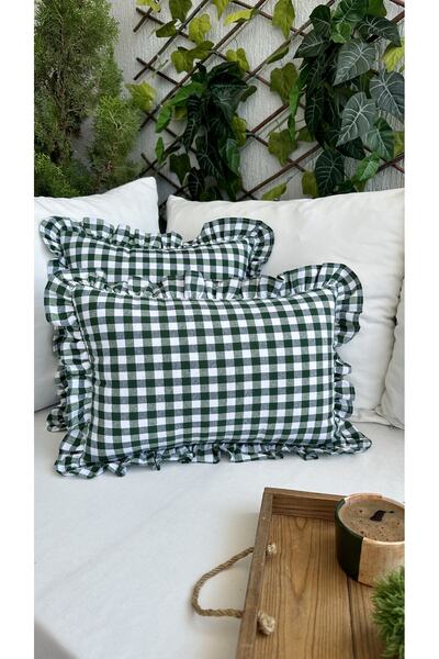 Decamor home Husă de pernă vintage cu volane, lenjerie, verde, husă de pernă boemă 1 buc