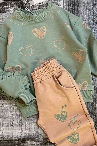 Riccotarz Girl's Heart Patterned Water Green Tracksuit with Waist and Wrist Cuffs