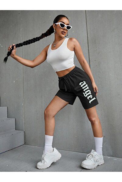 YUVEST Pantaloni scurți negri unisex cu imprimeu înger Blackrock