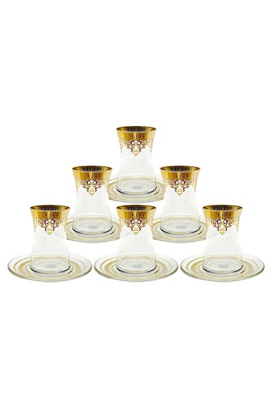 Paşabahçe Altın Yaldızlı Çay Bardağı Seti, 12 Parça, Heybeli, 12 Ayar Altın