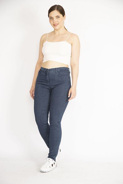 Şans Γυναικείο Navy Blue Large Size Houndstooth μοτίβο 5 Pocket Παντελόνι Lycra 65n36680