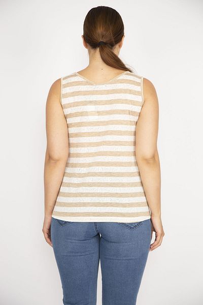Şans Women's Mink Plus Size Crew Neck Sleeveless Striped Blouse 65n36531