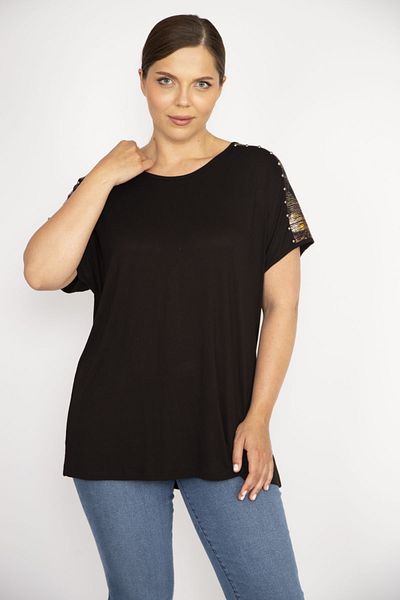 Şans Women's Black Plus Size Shoulders Lacquer Print and Stone Detailed Blouse 65n36652