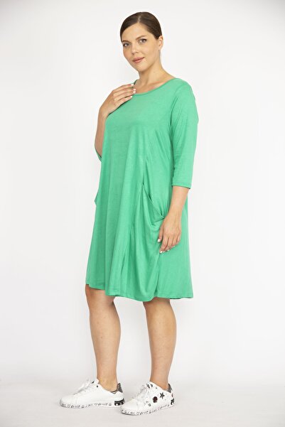 Şans Women's Green Large Size Crew Neck Capri Sleeve Pocket Dress 65n36695