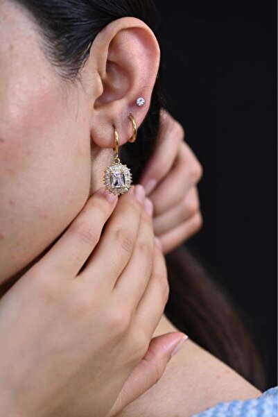 TÜKKAN ACCESSORİES GOLD KARE ZİRKON BAGET TAŞLI 3 ÇİFT ÇOKLU KOMBİN ÇELİK KÜP...