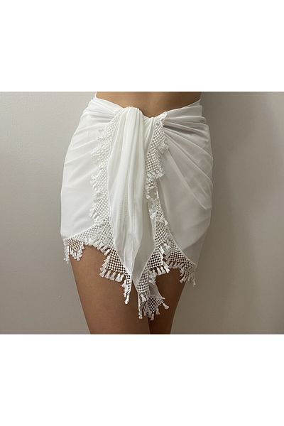 quella atelier White Tasseled Chiffon Pareo