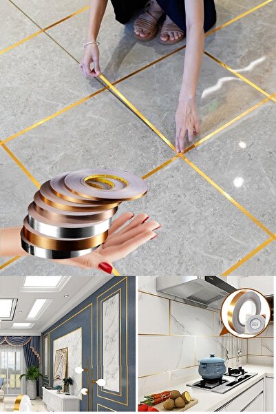 BİTERSE 50 Metre Dekoratif Banyo Mutfak Fayans Arası Şerit Bant Gold Renk 0,5 Cm