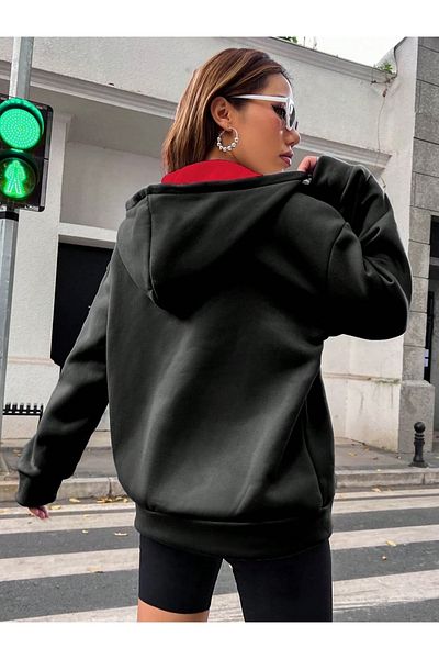 MANCY Unisex Black Color Zippered Red Brooklyn Printed 3 Thread Fleece Cardigan / Jacket