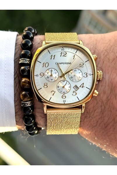 Chaperone وظائف حزام شبكة العلامة التجارية نشط الذهب الأصفر للرجال ساعة اليد ...