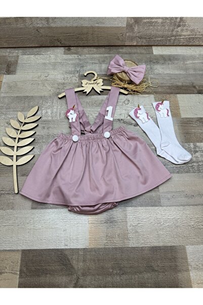 Feriatolye Unicorn konsepti kız bebek pudra etek salopet bloomer toka çorap t...