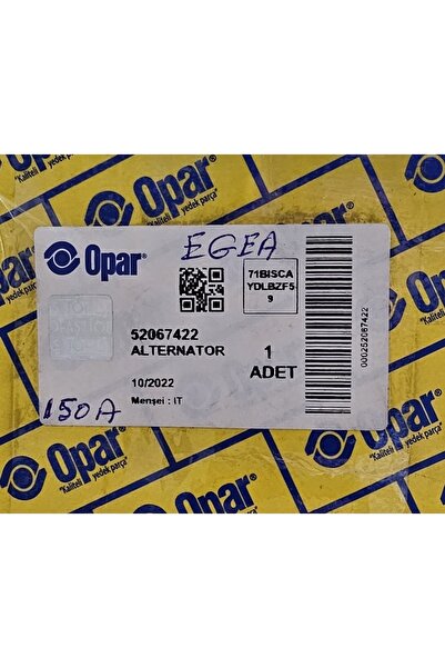 OPAR Alternatör Fiat Egea 150a Orj Oem 52067422 (ŞARJ DİNAMOSU) Renegade - Doblo 263
