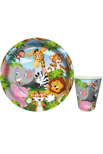 FOKUL مجموعة مستلزمات الحفلات ذات مفهوم حفلات أعياد الميلاد من Safari Cute Animals مكونة من 8 أشخاص