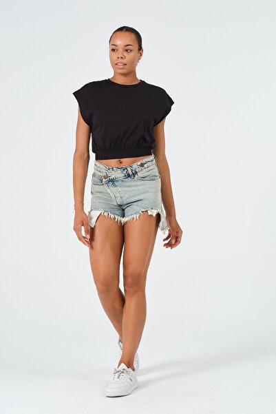 PUNKY CAT Women's Black Elastic Waist Crop Sleeveless T-Shirt