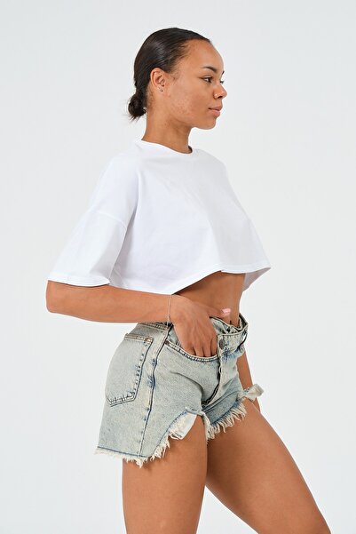 PUNKY CAT Γυναικείο λευκό μπλουζάκι Oversize Crop