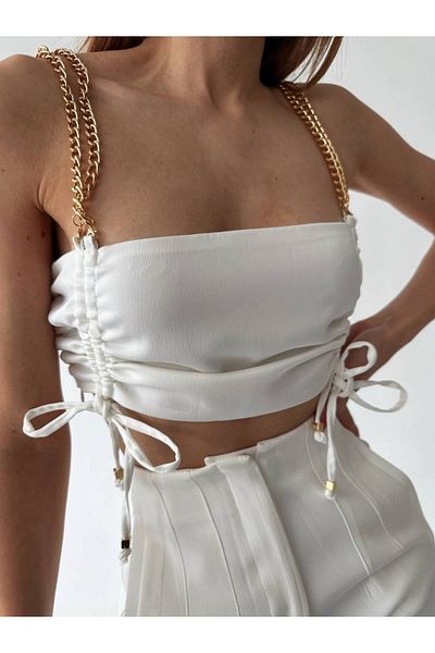 FASHION COCKTAIL Sexy night Cocktail ComBination - DouBle Gold Chain Strap Crop Blouse with ShrinkaBle Sides