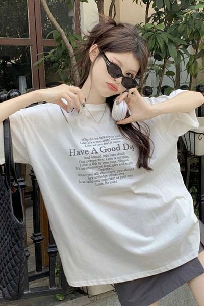 AMMA Unisex White Have A Good Day Printed Oversize Shoulder Slit Λεπτομερές μπλουζάκι Boyfriend