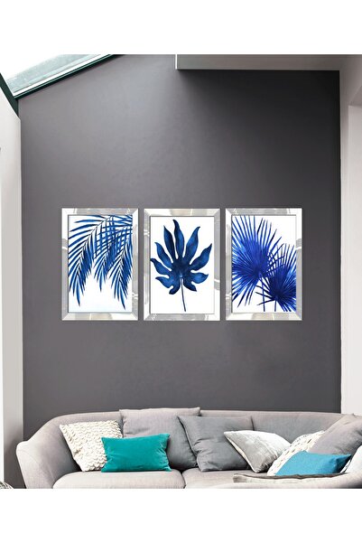 avm19 Mavi Yaprak Desen Pleksi Çerçeveli 3lü Tablo