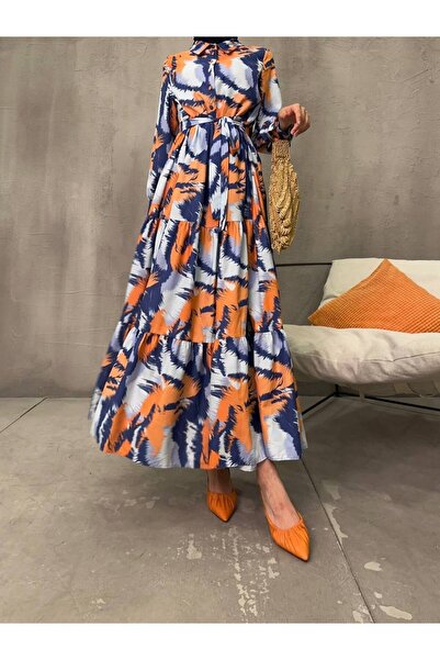 Rabia Ateş Fırça Desenli Şifon Elbise