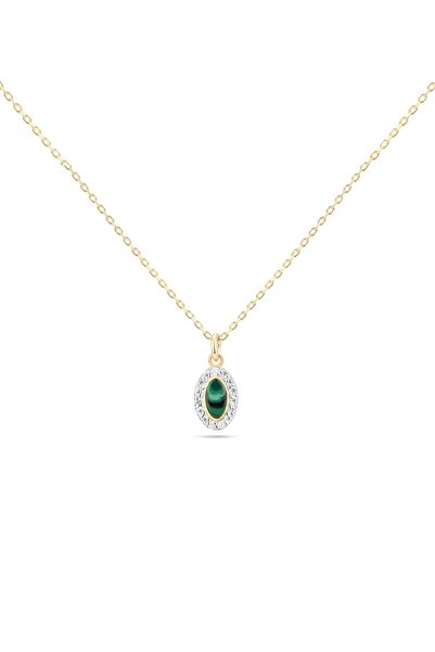 Zirkon Taşlı Malahit Mineli Grace 14k Altın Kaplama 925 Gümüş Oval Kolye