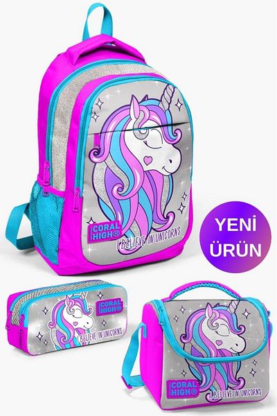 Coral High Pink Silver Glittered Unicorn 3-Piece School Bag Set - Goset 0114383