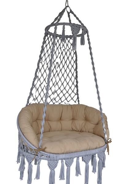 ALTINOLUK HAMAK LÜKS Makrome Salıncak Bahçe Balkon Salıncağı ( GRİ ) Minderli