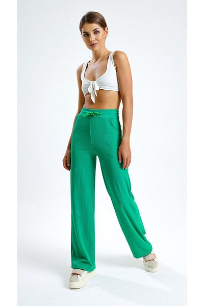Babelook Women's Green Knitted Ribbed Wide Leg Trousers