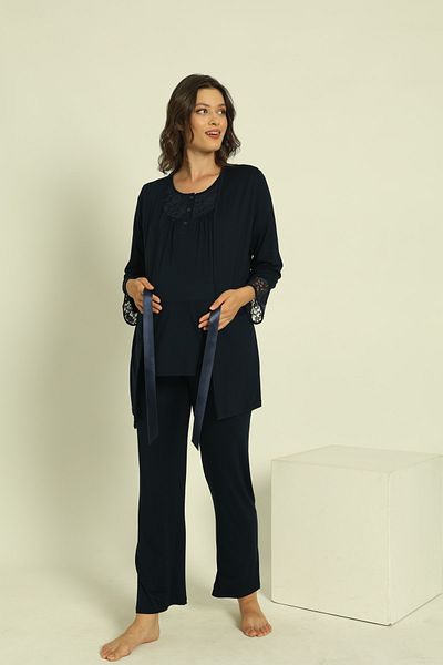 Miss Dünya Lissa Navy Blue Short Sleeve Maternity and Pregnant Pajamas Set with Dressing Gown