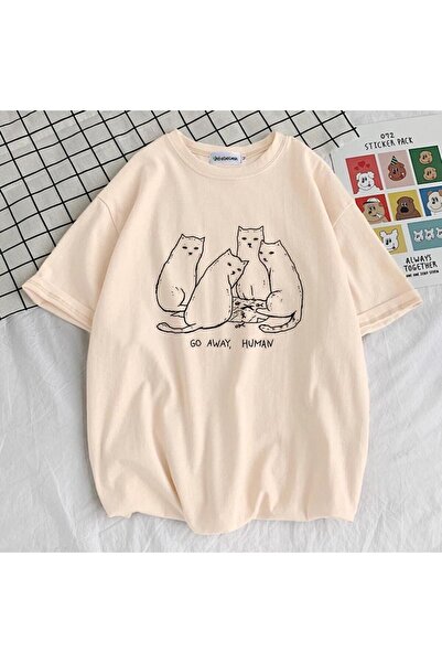 Adrift Köstebek Etiket Bej Cats - Go Away Human T-shirt ET1922