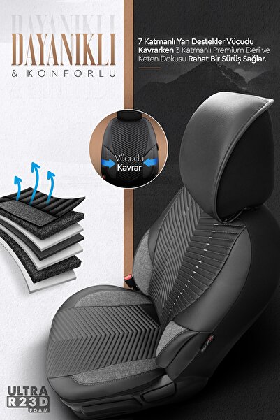 Otom Advanced Design Özel Tasarım Premium Deri-keten Ekstra Destekli Universal Oto Koltuk Kılıfı Tam Set