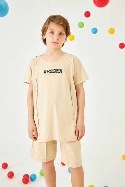 Perendi Power Embroidered Boy's Shorts Set Stone