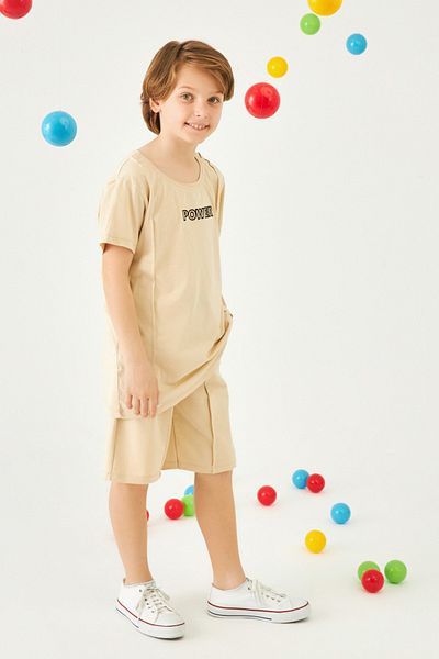 Perendi Power Embroidered Boy's Shorts Set Stone