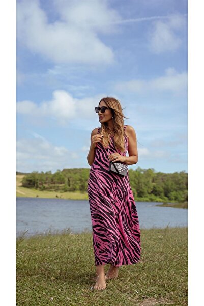 BUKETLİ Zebra Desen Pembe Maxi Tasarım Elbise