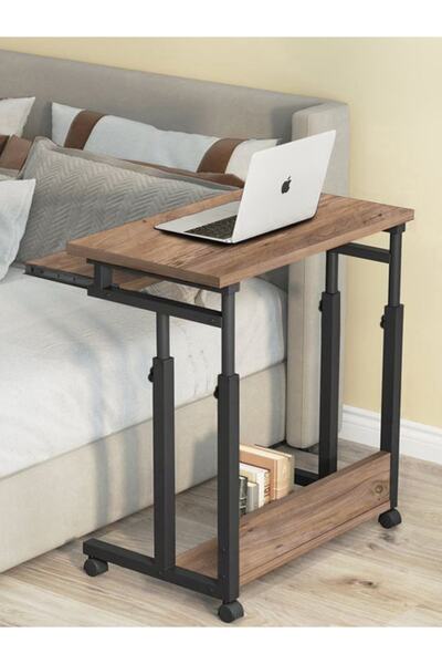 sekizincicaddedizayn Yükseklik Ayarlı Ve Klavyelikli Laptop Sehpası Ve Çalışma Masası - Ceviz (TEKERLİ) Oval Kenar