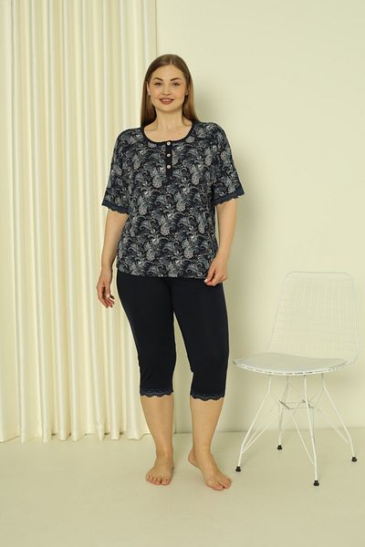 Lagertha by İntensive Patterned Lace Short Sleeve Lycra Viscose Top and Bottom Leggings Nightgown Set