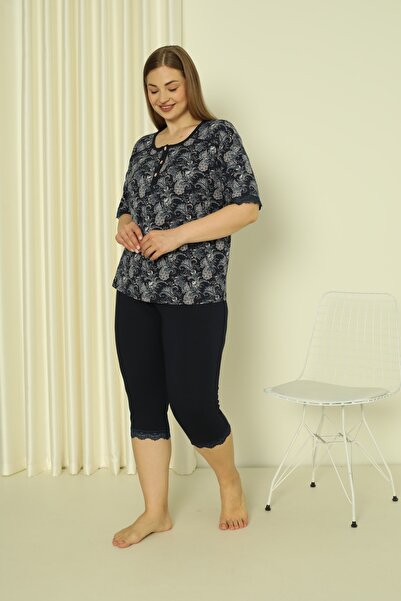 Lagertha by İntensive Patterned Lace Short Sleeve Lycra Viscose Top and Bottom Leggings Nightgown Set