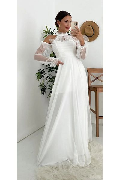YAREN GENÇ WOMEN'S TOWEL SLEEVES RUBBER DETAIL DRAPELED EVENING DRESS