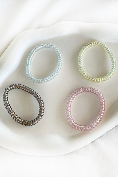 TAKIŞTIR Set of 4 Pink Hologram Spiral Rubber Buckles