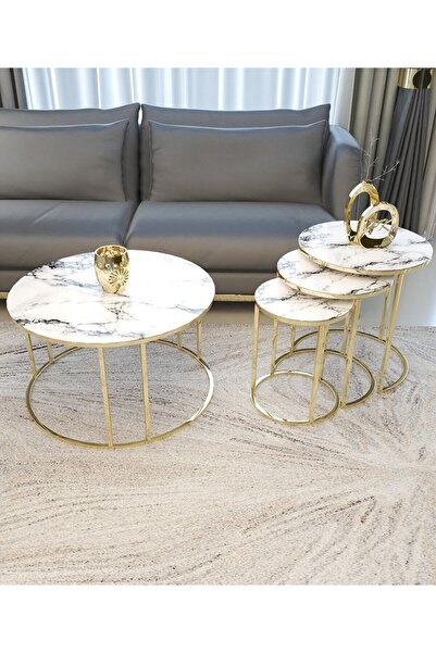 Puklife Ceylin 4lü Zigon Ve Orta Sehpa Gold Ayak, Mermer Desenli Kırılmaz Cam