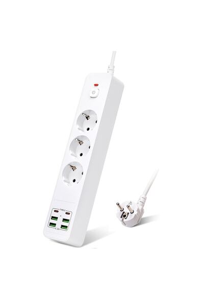 Hobimtek H-01 Hızlı Şarj İstasyonu 3000W 3 lü Priz 2 Metre Uzatma Kablosu Çoklu Priz 4 Usb 2 Type C On/Off