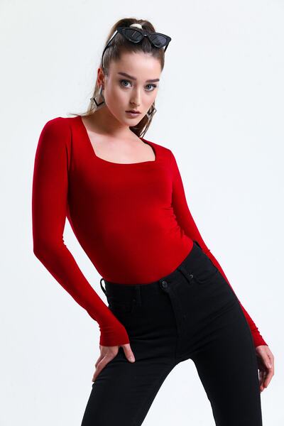 ladyzey γυναικεία μπορντό μακρυμάνικη μπλούζα με τετράγωνη λαιμόκοψη