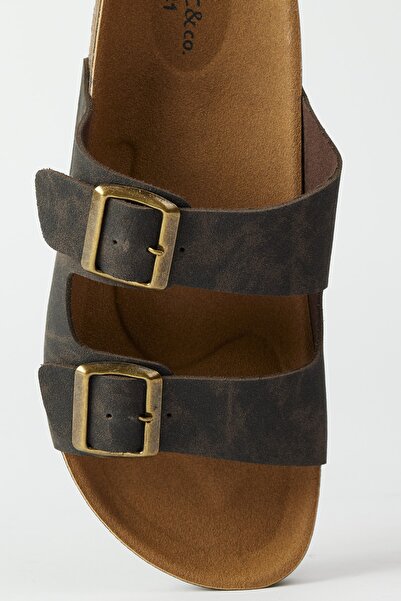 AC&Co / Altınyıldız Classics Men's Brown Double-Strapped Buckle Slippers